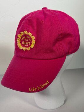 Life Is Good Women's Cap Beach Washed Tattered Patch Here Comes The Sun Pink